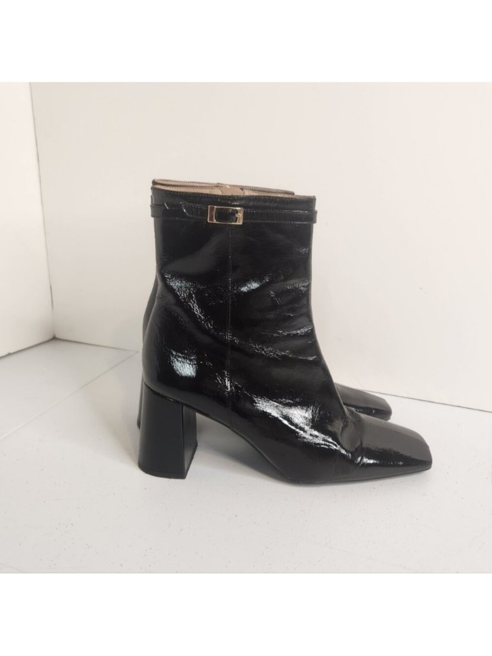 Ana Palma Black Patent Leather Chunky High Heel Boots Ankle Booties Size 41 9.5